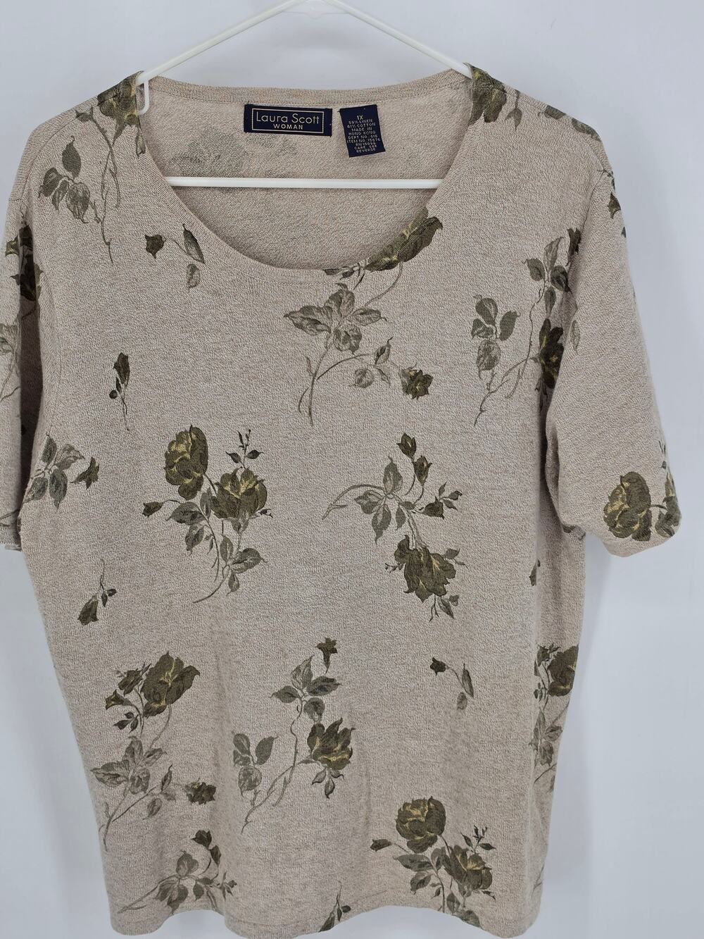 Laura Scott Woman Linen Blend Top 1X Beige Floral Short Sleeve Knit Sweater